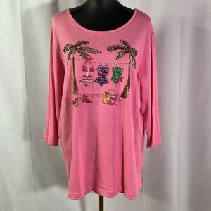 Quacker Factory Pink Beaded Sequin Beach Palm Tree Embellished 3/4 Sleeve Top